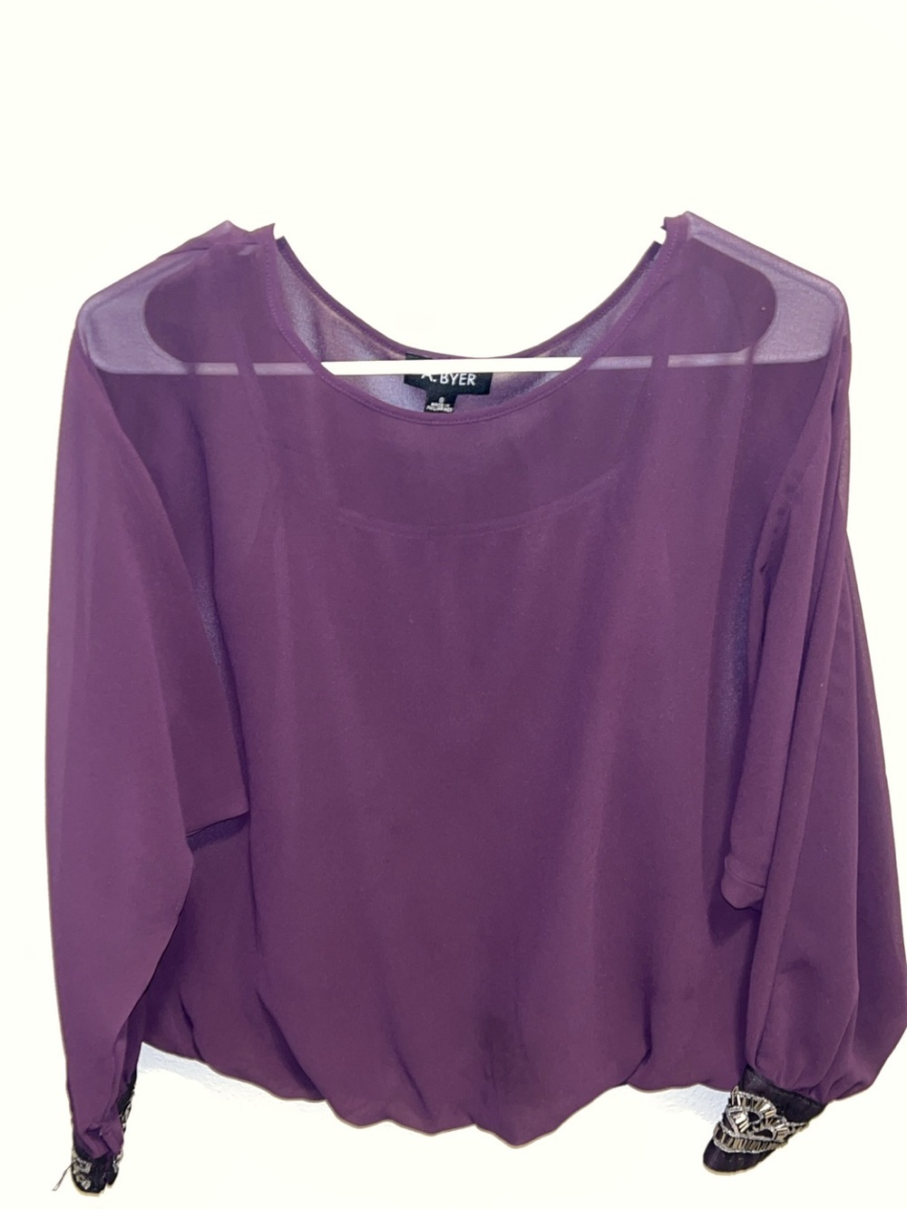 A. Byer Plum Sheer Yoke Long Sleeve Blouse with Embellished Cuffs